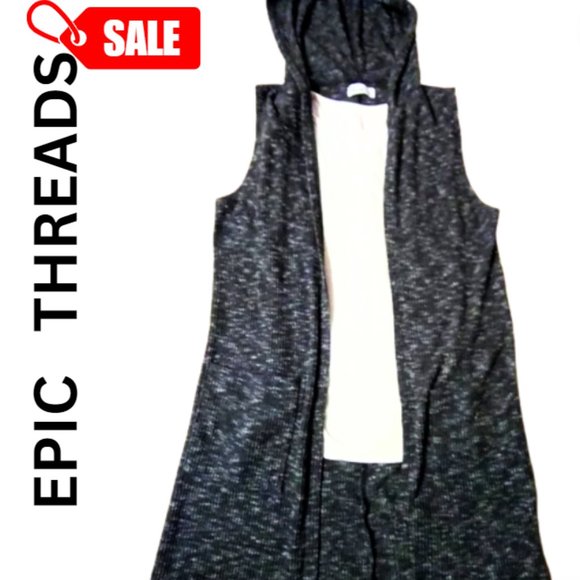 EPIC THREADS - Sleeveless Long Hooded Cardigan in Black Variegated Patte… - Picture 1 of 9
